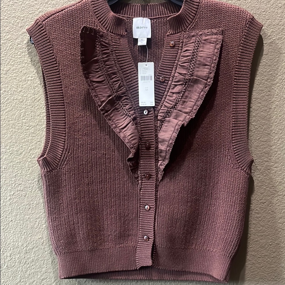 Mauve Brown Cardigan with Textured Knit and Ruffled Collar